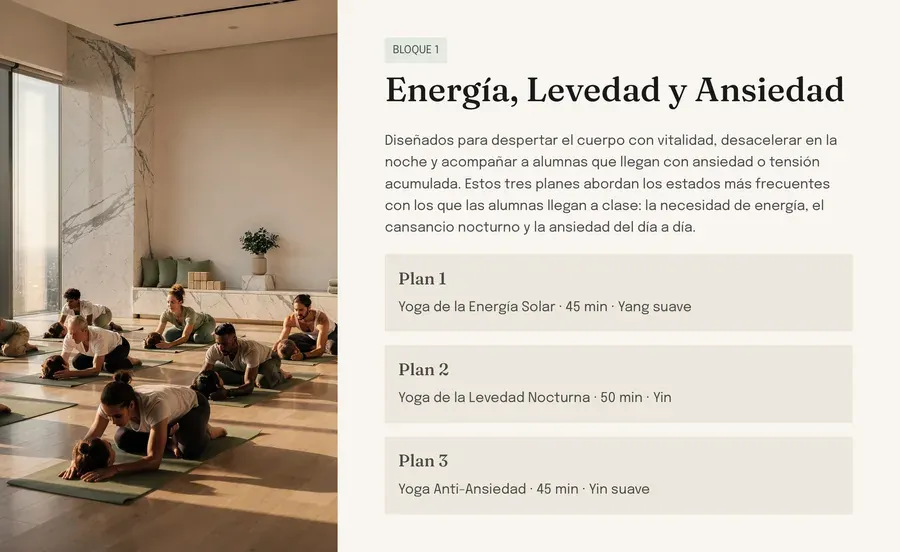 Planes completos de clase de yoga organizados por objetivo y duración